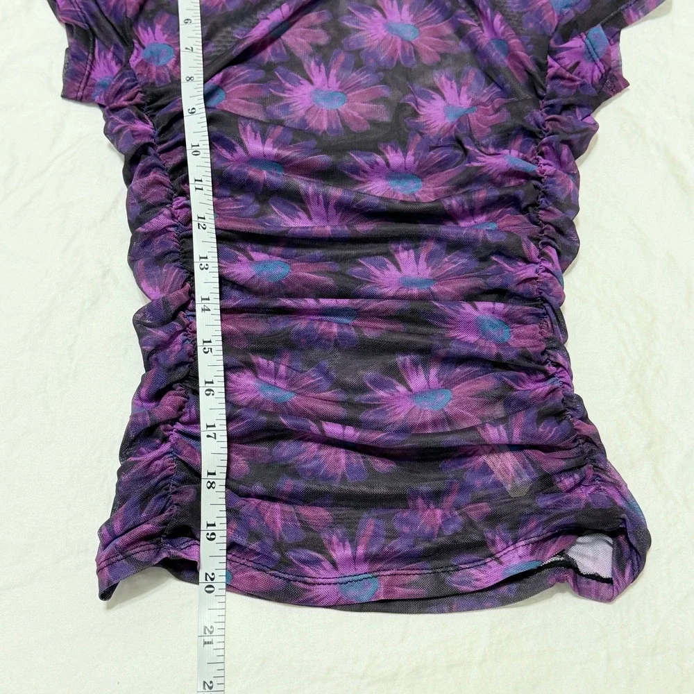 Intimately Free People Purple Floral Mesh Ruched Short Sleeve Top XS